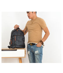 Black Leather Mens 14 inches Laptop Backpack School Backpack College Backpack for Men
