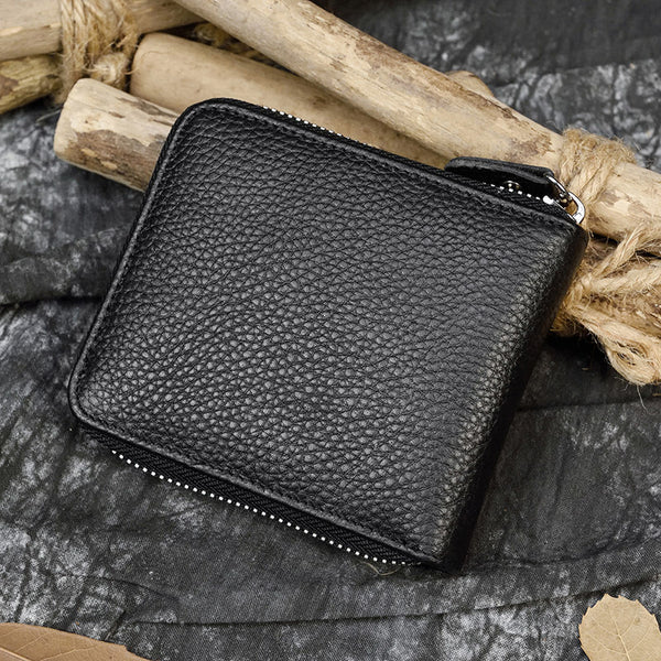 Black Leather Mens Around Zipper Billfold Wallet Zipper Bifold for Men
