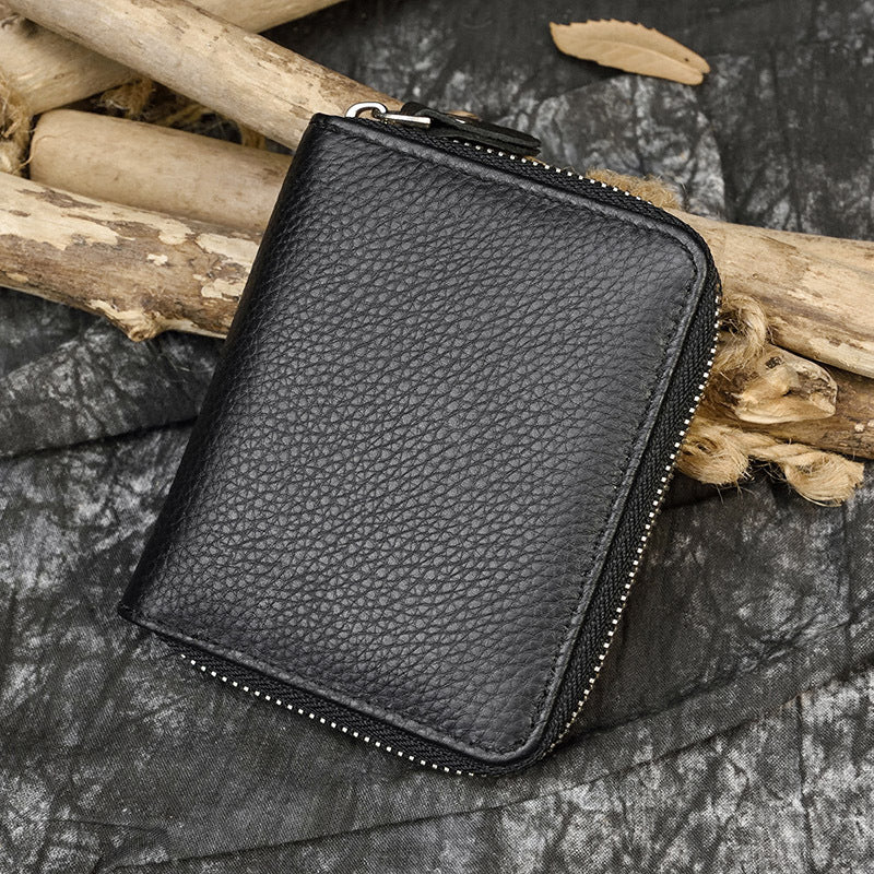 Black Leather Mens Around Zipper Billfold Wallet Vertical Zipper Bifold Wallet for Men