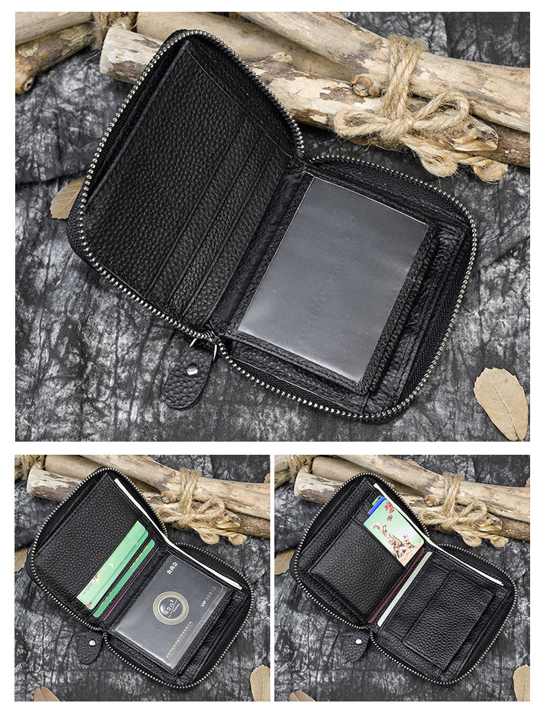 Men's RFID Blocking Leather Zip Around Bifold Wallet - European Hipster Style, Black