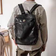 Black Leather Mens Backpack 14'' Laptop Rucksack Black School Backpack For Men