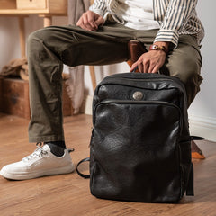 Black Leather Mens Backpack 14'' Laptop Rucksack Black School Backpack For Men