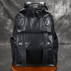 Black Leather Mens Backpack 15'' Laptop Rucksack Vintage School Backpack For Men