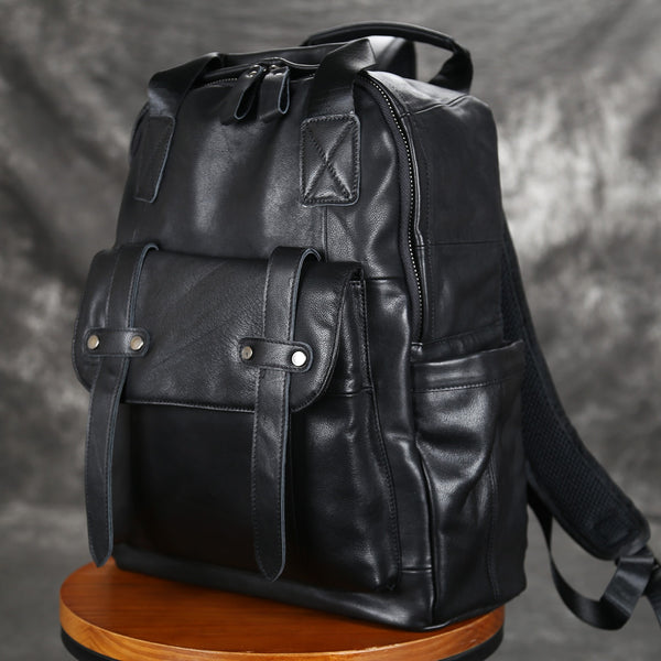 Black Leather Mens Backpack 15'' Laptop Rucksack Vintage School Backpack For Men
