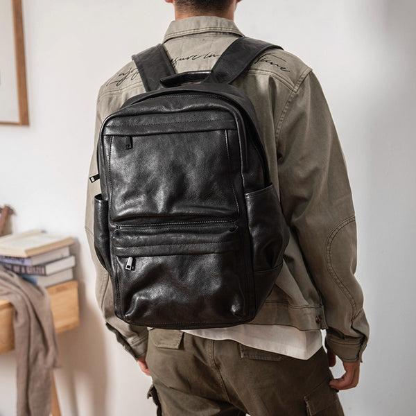 Black Leather Mens Backpack 16'' Laptop Rucksack Black School Backpack For Men