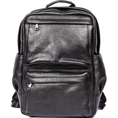 Black Leather Mens Backpack 16'' Laptop Rucksack Black School Backpack For Men