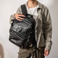 Black Leather Mens Backpack 16'' Laptop Rucksack Black School Backpack For Men