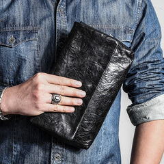 Black Leather Mens Flip Leather Wristlet Wallet Black Envelope Bag Clutch Wallet for Men
