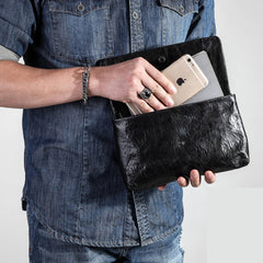 Black Leather Mens Flip Leather Wristlet Wallet Black Envelope Bag Clutch Wallet for Men