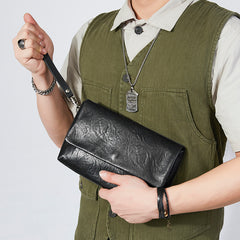 Black Leather Mens Flip Leather Wristlet Wallet Black Envelope Bag Clutch Wallet for Men