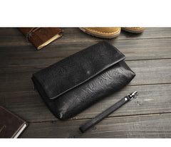 Black Leather Mens Flip Leather Wristlet Wallet Black Envelope Bag Clutch Wallet for Men