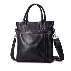 Black Leather Mens Vertical Work Bag Handbag Vertical Black Small Briefcase Shoulder Bag For Men - iwalletsmen