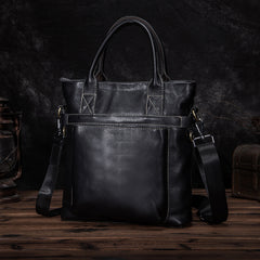 Black Leather Mens Vertical Work Bag Handbag Vertical Black Small Briefcase Shoulder Bag For Men - iwalletsmen