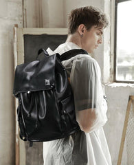 Black Leather Mens Large Backpack Travel Backpack Black Laptop Backpack for men - iwalletsmen