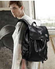 Black Leather Mens Large Backpack Travel Backpack Black Laptop Backpack for men - iwalletsmen