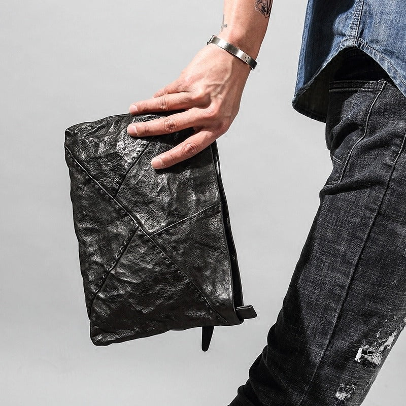 Black Leather Mens Large Leather Wristlet Wallet Black Envelope Bag Clutch Wallet for Men
