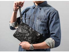 Black Leather Mens Large Leather Wristlet Wallet Black Envelope Bag Clutch Wallet for Men