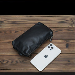 Black Leather Mens Long Wallet Phone Purse for Men Long Zipper Clutch Wallet Wristlet Bag