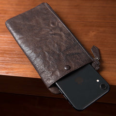 Coffee Leather Mens Slim Zipper Clutch Slim Hidden Card Wallet Phone Purse for Men