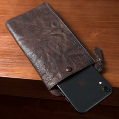 Black Leather Mens Slim Zipper Clutch Slim Hidden Card Wallet Phone Purse for Men