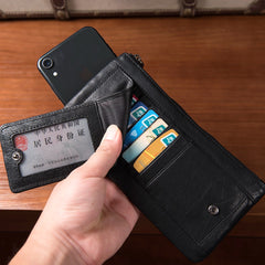 Black Leather Mens Slim Zipper Clutch Slim Hidden Card Wallet Phone Purse for Men