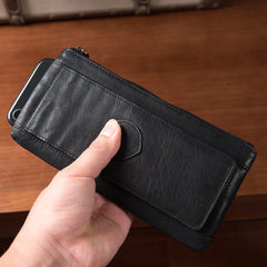 Coffee Leather Mens Slim Zipper Clutch Slim Hidden Card Wallet Phone Purse for Men