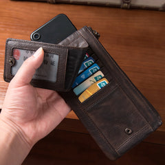 Coffee Leather Mens Slim Zipper Clutch Slim Hidden Card Wallet Phone Purse for Men