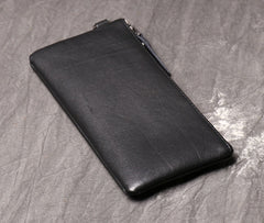 Black Leather Mens Slim Zipper Clutch Slim Long Wallet Phone Purse for Men Wristlet Wallet