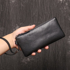 Black Leather Mens Slim Zipper Clutch Slim Long Wallet Phone Purse for Men Wristlet Wallet