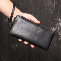 Black Leather Mens Slim Zipper Clutch Slim Long Wallet Phone Purse for Men Wristlet Wallet