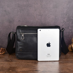 Black Leather Mens Small Courier Bag Side Bag Black Ipad Messenger Bag For Men