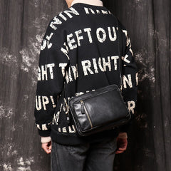 Black Leather Mens Small Ipad Courier Bag Side Bag Casual Small Messenger Bag For Men