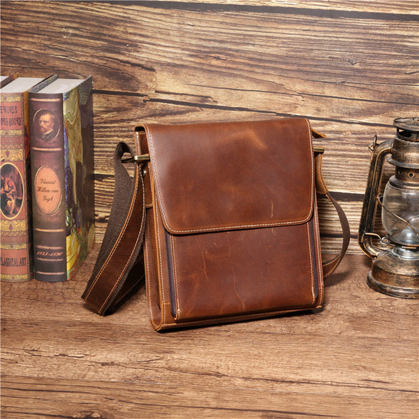 Brown Leather Mens Vertical Side Bag Messenger BAG Vertical iPad Courier Bag FOR MEN