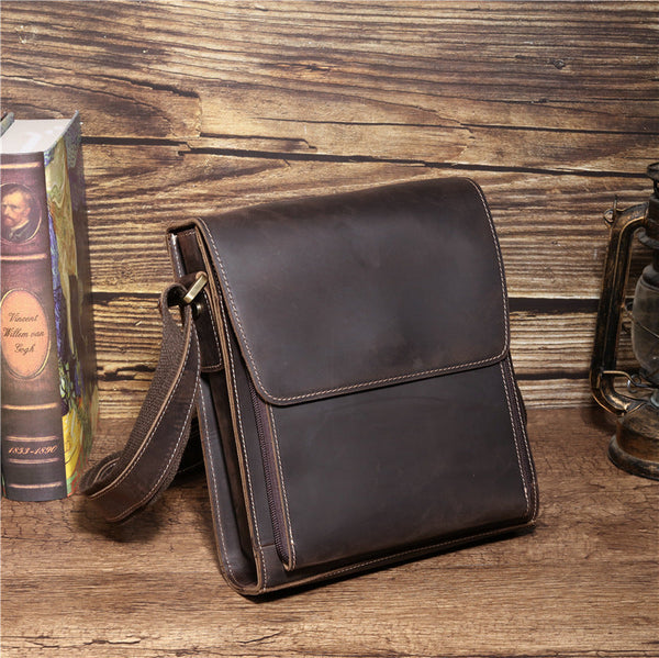 Coffee Leather Mens Vertical Side Bag Messenger BAG Vertical iPad Courier Bag FOR MEN
