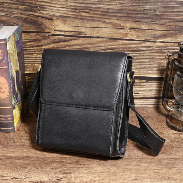 Black Leather Mens Vertical Side Bag Messenger BAG Vertical iPad Courier Bag FOR MEN