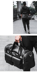 Black Leather Mens Weekender Bags Black Travel Handbag Duffle Bag