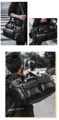 Black Leather Mens Weekender Bags Black Travel Handbag Duffle Bag