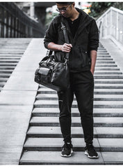 Black Leather Mens Weekender Bags Black Travel Handbag Duffle Bag