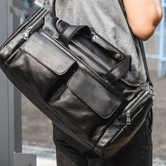 Black Leather Mens Weekender Bags Black Travel Handbag Duffle Bag