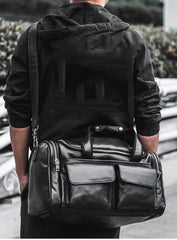 Black Leather Mens Weekender Bag Black Travel Handbag Duffle Bag