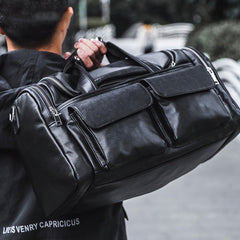 Black Leather Mens Weekender Bags Black Travel Handbag Duffle Bag