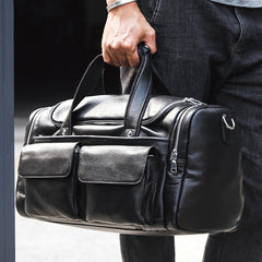Black Leather Mens Weekender Bags Black Travel Handbag Duffle Bag