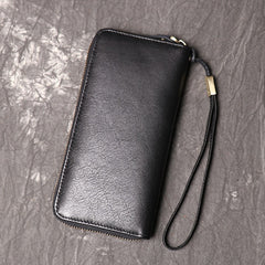 Black Leather Mens Wristlet Clutch Slim Long Wallet Phone Purse for Men Zipper Wallet