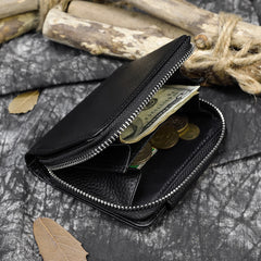 Black Leather Mens Zipper Billfold Wallet Vertical Around Zipper Bifold Wallet for Men