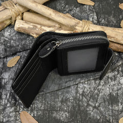 Black Leather Mens Zipper Billfold Wallet Vertical Around Zipper Bifold Wallet for Men