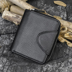 Black Leather Mens Zipper Billfold Wallet Vertical Around Zipper Bifold Wallet for Men