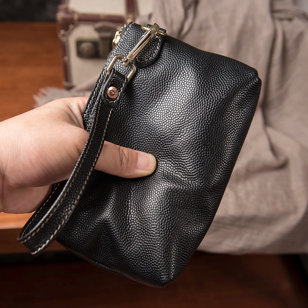Black Leather Mens Zipper Clutch Wallet Wristlet Wallet Black Long Wallet Phone Purse for Men