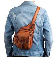 Tan Leather Sling Bag Chest Bag Sling Crossbody Bag Sling Travel Bags Sling Hiking Bag For Men