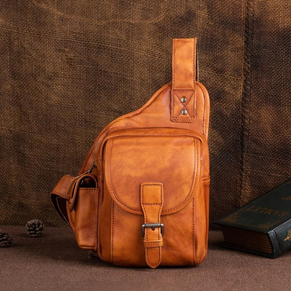 Tan Leather Sling Bag Chest Bag Sling Crossbody Bag Sling Travel Bags Sling Hiking Bag For Men