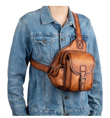 Tan Leather Sling Bag Chest Bag Sling Crossbody Bag Sling Travel Bags Sling Hiking Bag For Men